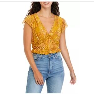 Gypsies & Moondust Gold Flutter Sleeve Rusced Waist Short Top Junior Size Small